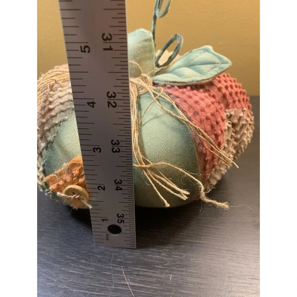 Rustic Patchwork Fabric Pumpkin Fall Decor Chenille Buttons Farmhouse 7 Inch